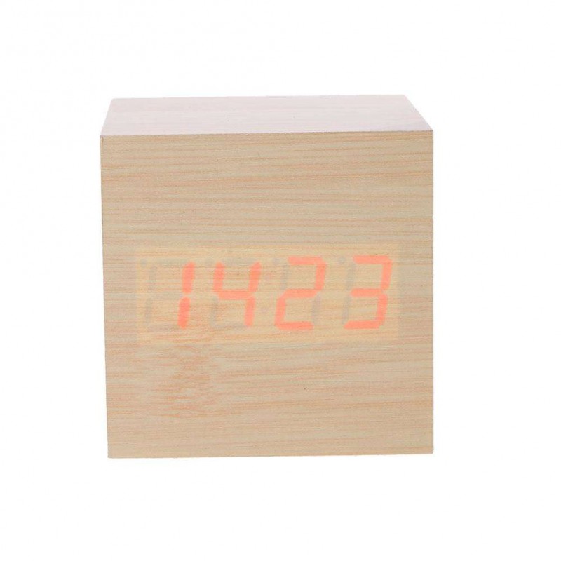 Creative LED Alarm Clock Cube Wooden Voi...