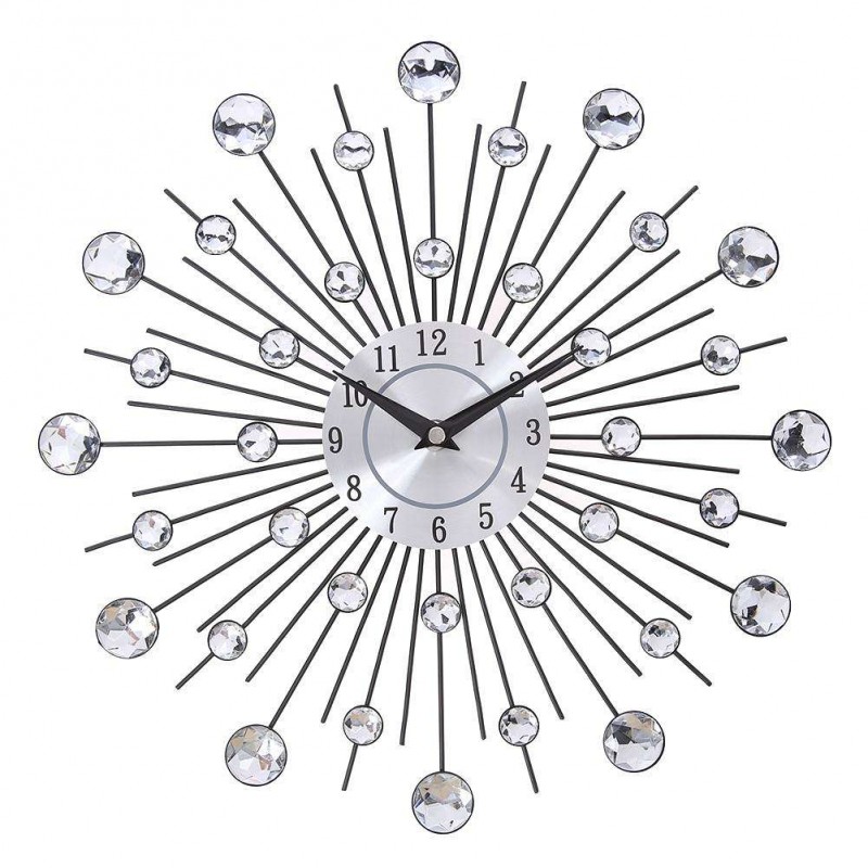 33CM SILVER DIAMANTE BEADED JEWELED ROUND SUNBURST METAL WALL CLOCK