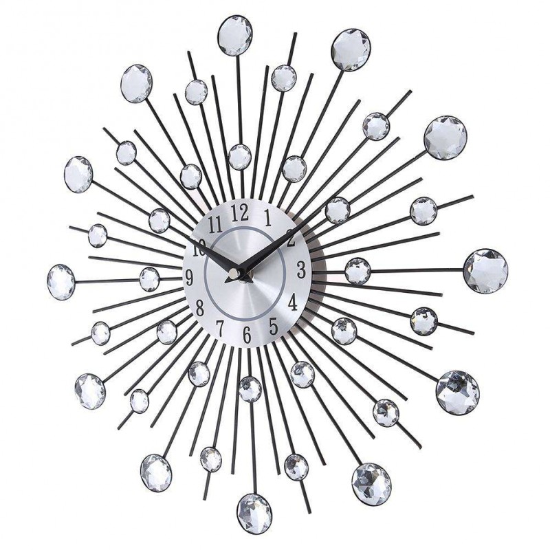 33CM SILVER DIAMANTE BEADED JEWELED ROUND SUNBURST METAL WALL CLOCK