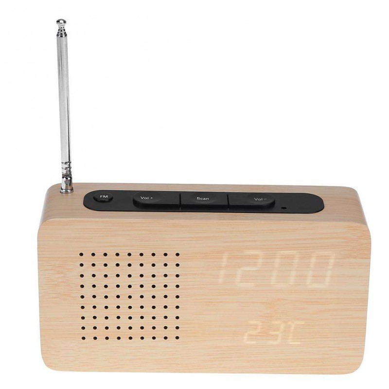 FM Radio Wooden Bamboo LED Alarm Clock L...