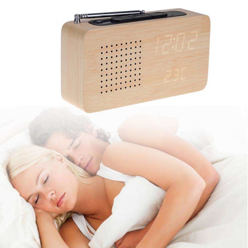 FM Radio Wooden Bamboo LED Alarm Clock LED Display Electronic Desktop Clock