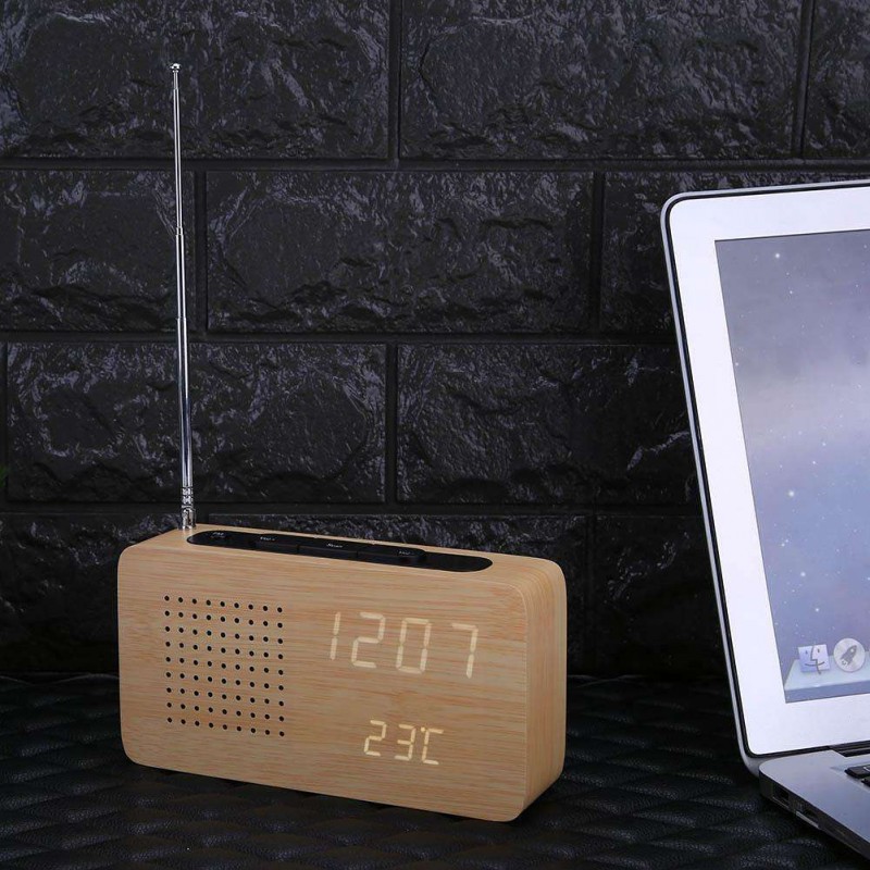 FM Radio Wooden Bamboo LED Alarm Clock LED Display Electronic Desktop Clock