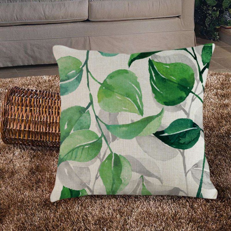 Green Leaf Print Linen Invisible Zip Pil...