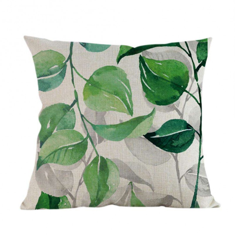 Green Leaf Print Linen Invisible Zip Pillow Case Cushion Cover Home Decor(A