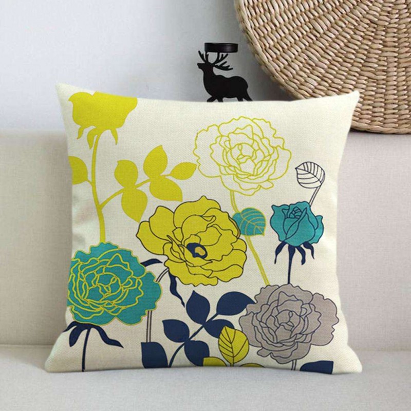 Flower Print Linen Sofa Throw Pillow Case Waist Cushion Cover Home Decor(B)