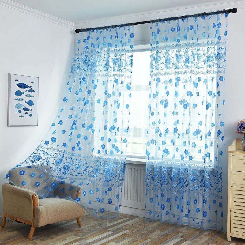 Primrose Yarn Tulle Living Window Curtain Screening for Home Decor(Blue)