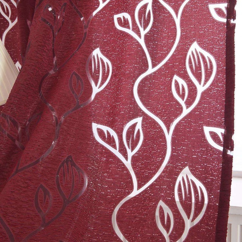 Leaves Embroidered Hollowing Out Yarn Curtain Window Screen(Wine Red)