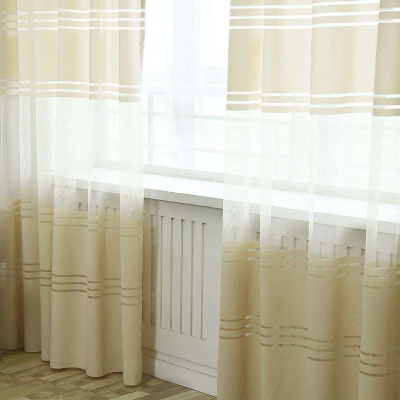 Wide Strip Curtain Tulle Window Screening for Living Room Shading(Beige)