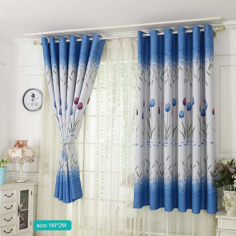 Tulips Print Blackout Window Curtain Punching Purdah Shading Screen Drape