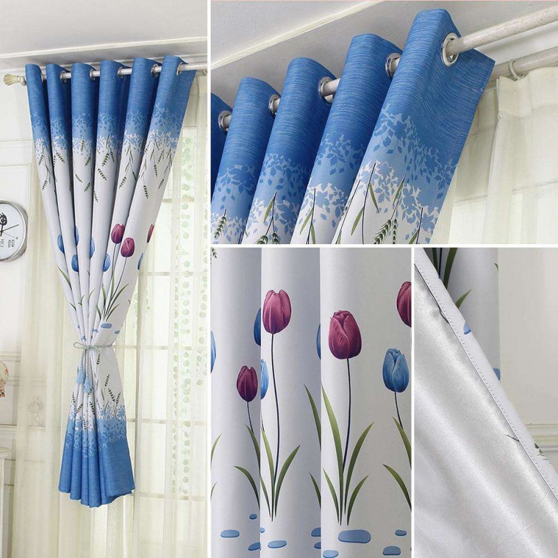 Tulips Print Blackout Window Curtain Punching Purdah Shading Screen Drape