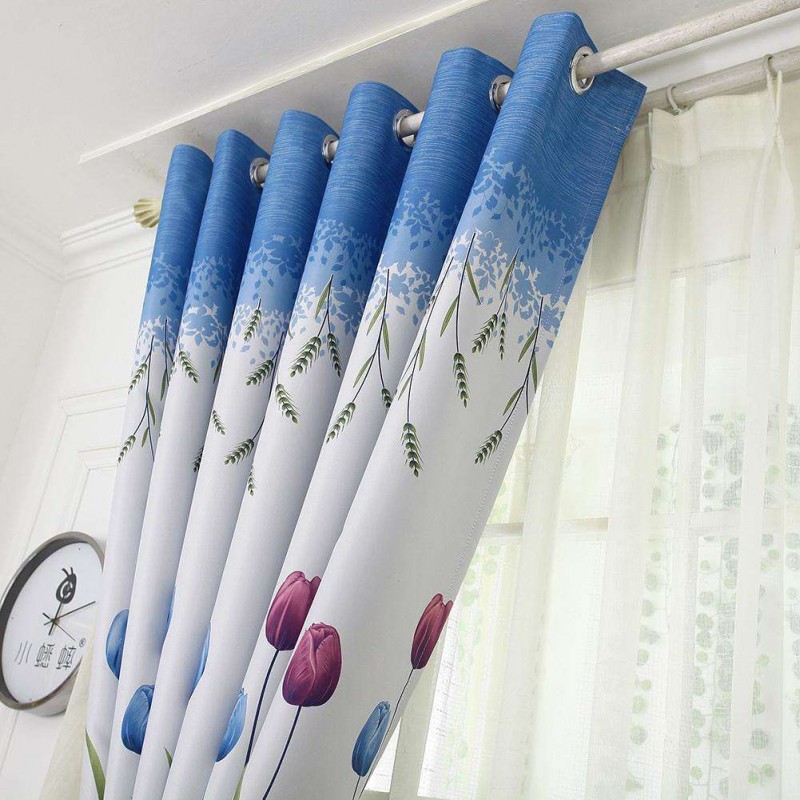 Tulips Print Blackout Window Curtain Punching Purdah Shading Screen Drape