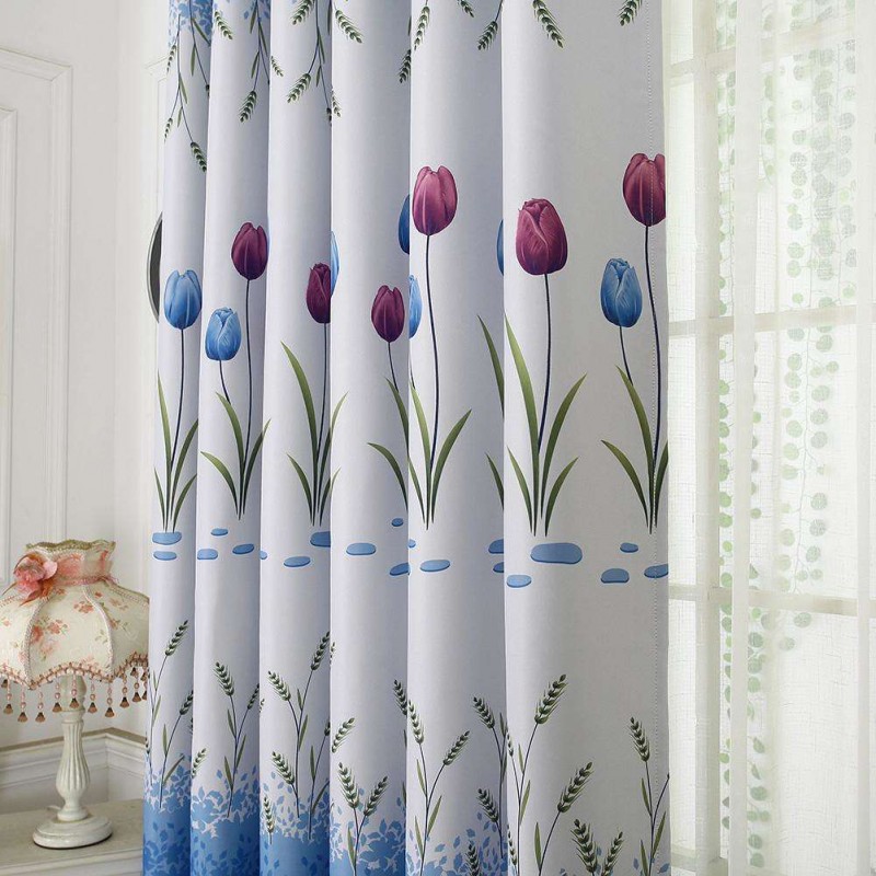 Tulips Print Blackout Window Curtain Punching Purdah Shading Screen Drape