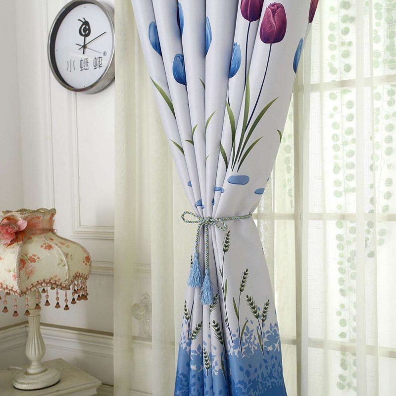 Tulips Print Blackout Window Curtain Punching Purdah Shading Screen Drape