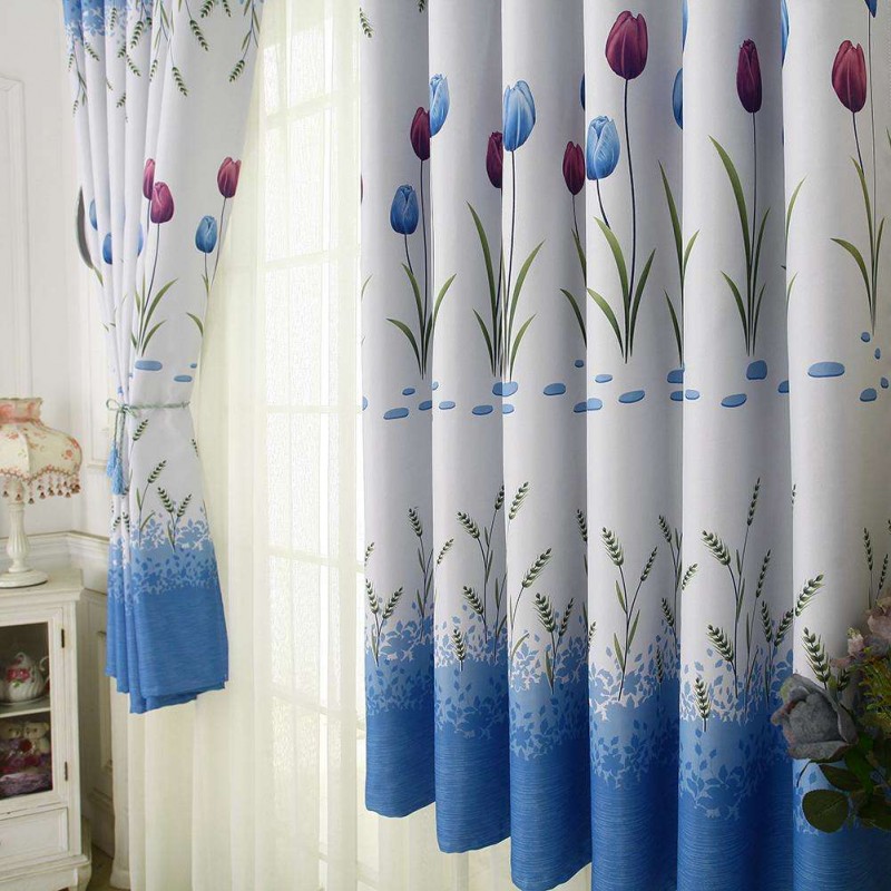 Tulips Print Blackout Window Curtain Punching Purdah Shading Screen Drape