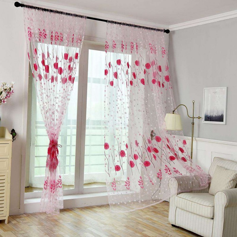 Floral Print Door Curtain Window Purdah Offset Glass Yarn Drape Panel(Pink)