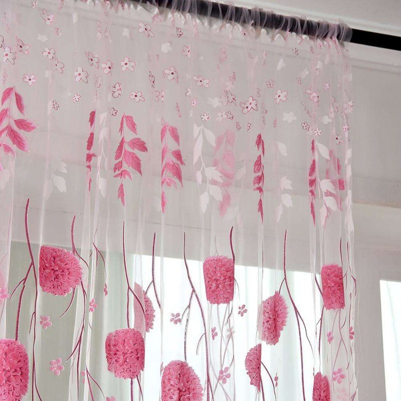 Floral Print Door Curtain Window Purdah Offset Glass Yarn Drape Panel(Pink)