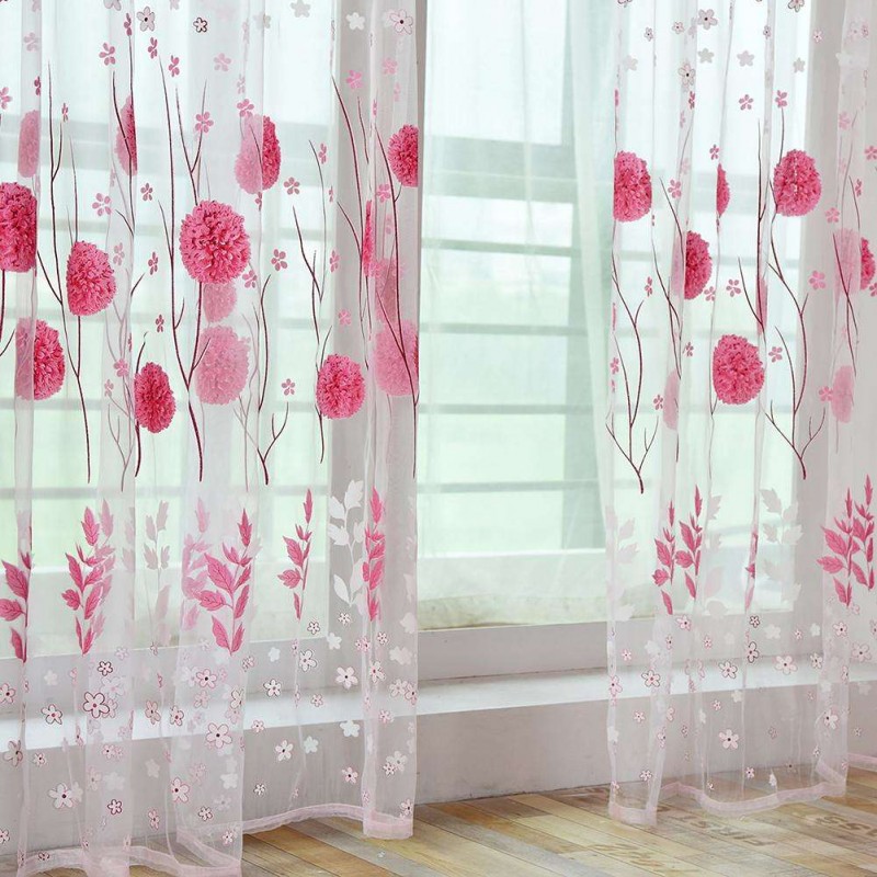 Floral Print Door Curtain Window Purdah Offset Glass Yarn Drape Panel(Pink)