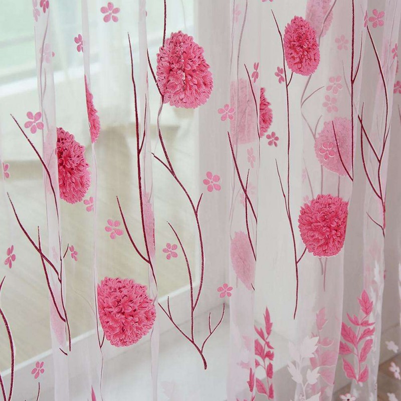 Floral Print Door Curtain Window Purdah Offset Glass Yarn Drape Panel(Pink)