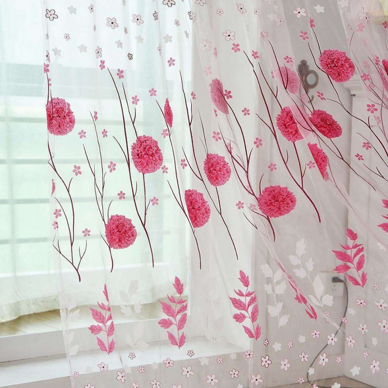 Floral Print Door Curtain Window Purdah Offset Glass Yarn Drape Panel(Pink)