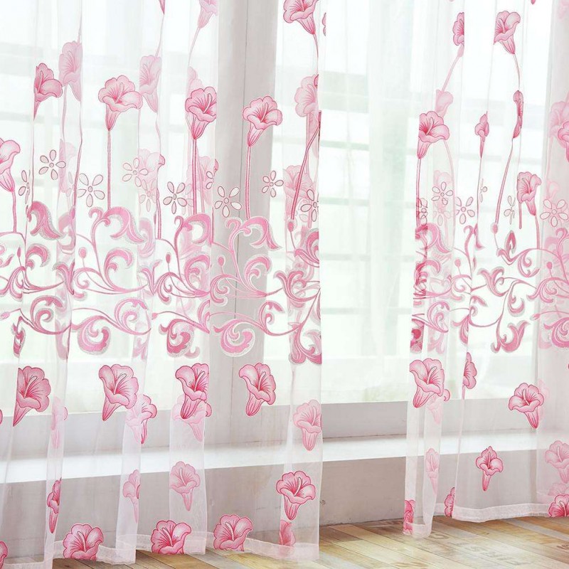 Morning Glory Print Window Curtain Yarn Tulle Sheer Panel Voile Purdah(Pink