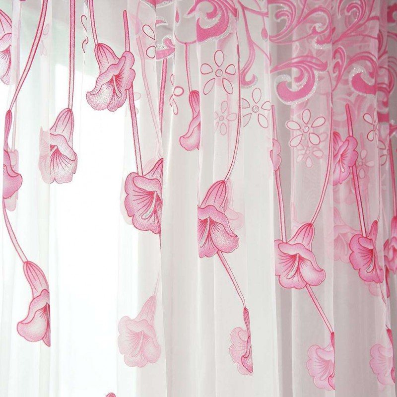 Morning Glory Print Window Curtain Yarn Tulle Sheer Panel Voile Purdah(Pink