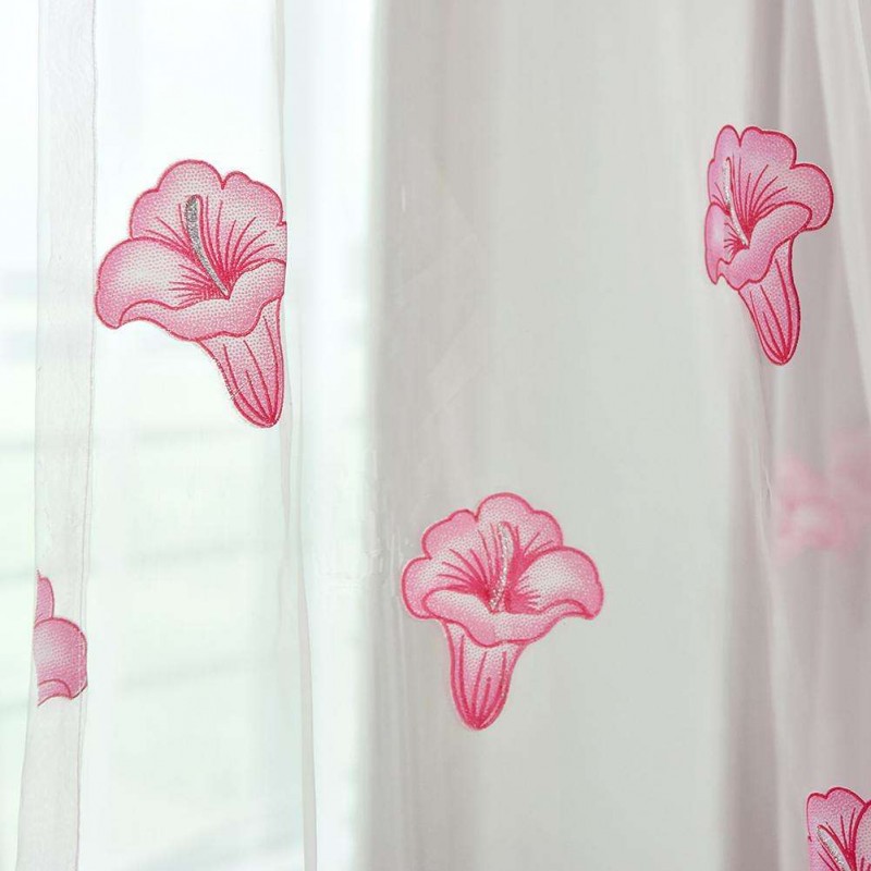 Morning Glory Print Window Curtain Yarn Tulle Sheer Panel Voile Purdah(Pink