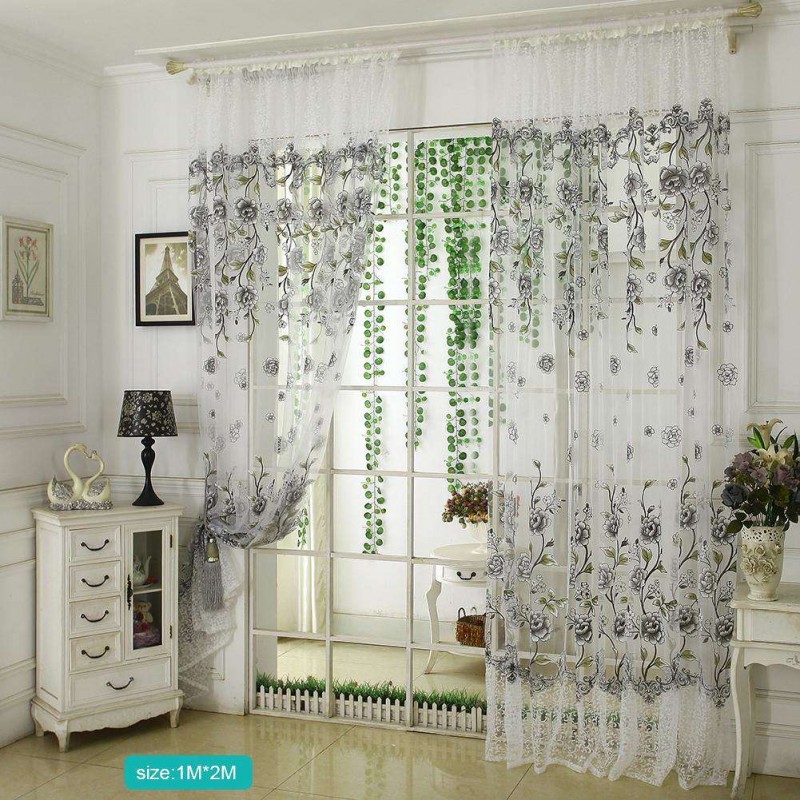 Peony Floral Printed Window Curtain Door Purdah Offset Glass Yarn Drapes