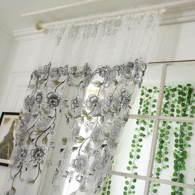 Peony Floral Printed Window Curtain Door Purdah Offset Glass Yarn Drapes