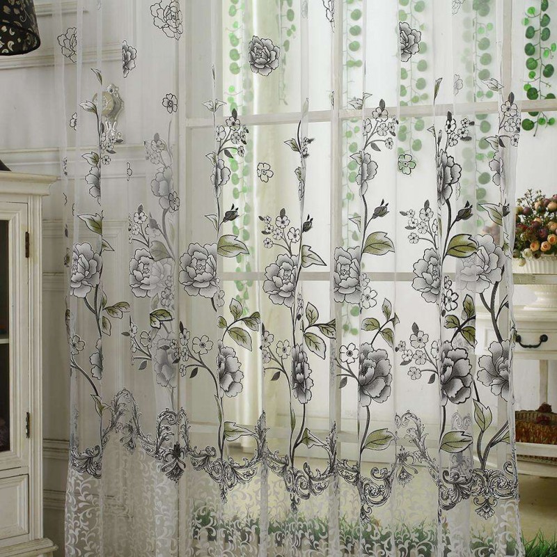 Peony Floral Printed Window Curtain Door Purdah Offset Glass Yarn Drapes