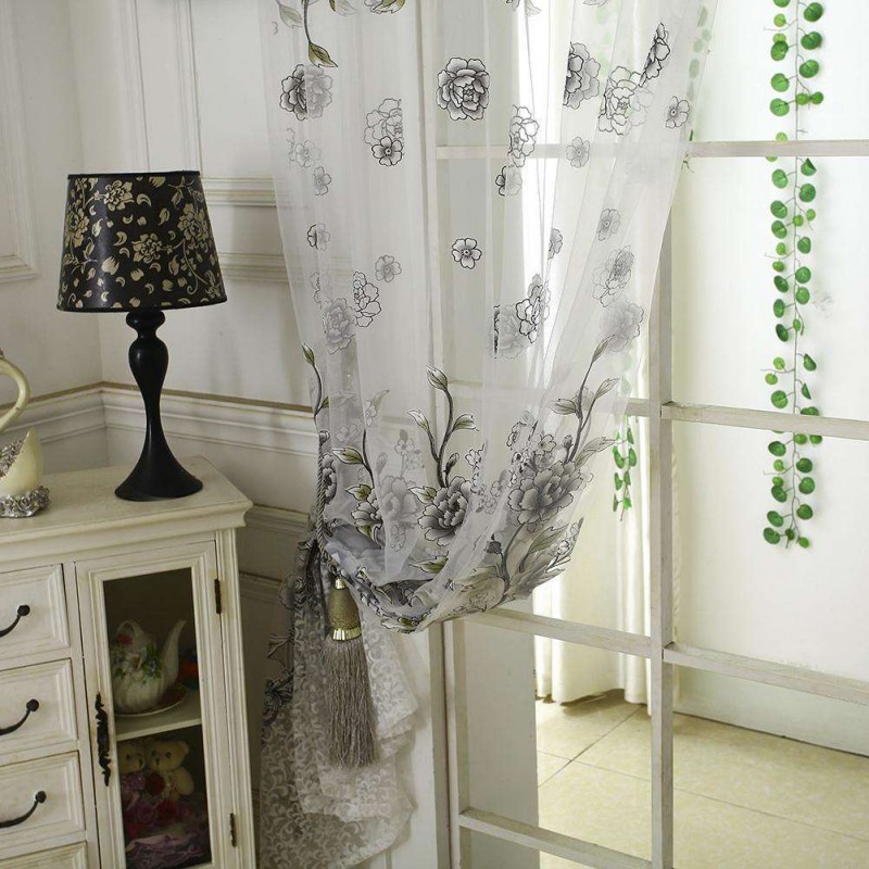 Peony Floral Printed Window Curtain Door Purdah Offset Glass Yarn Drapes