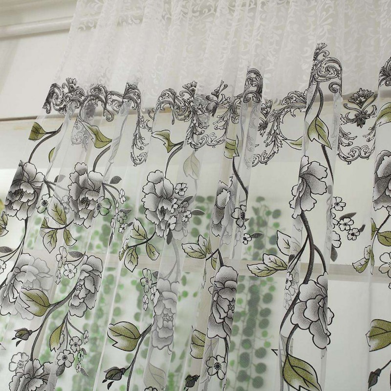 Peony Floral Printed Window Curtain Door Purdah Offset Glass Yarn Drapes