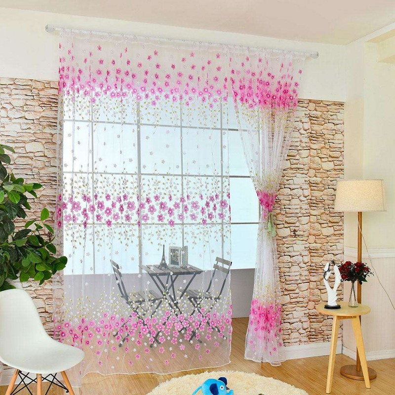 Flower Offset Printing Sheer Curtain Yarn Tulle Window Screen Voile(Pink)