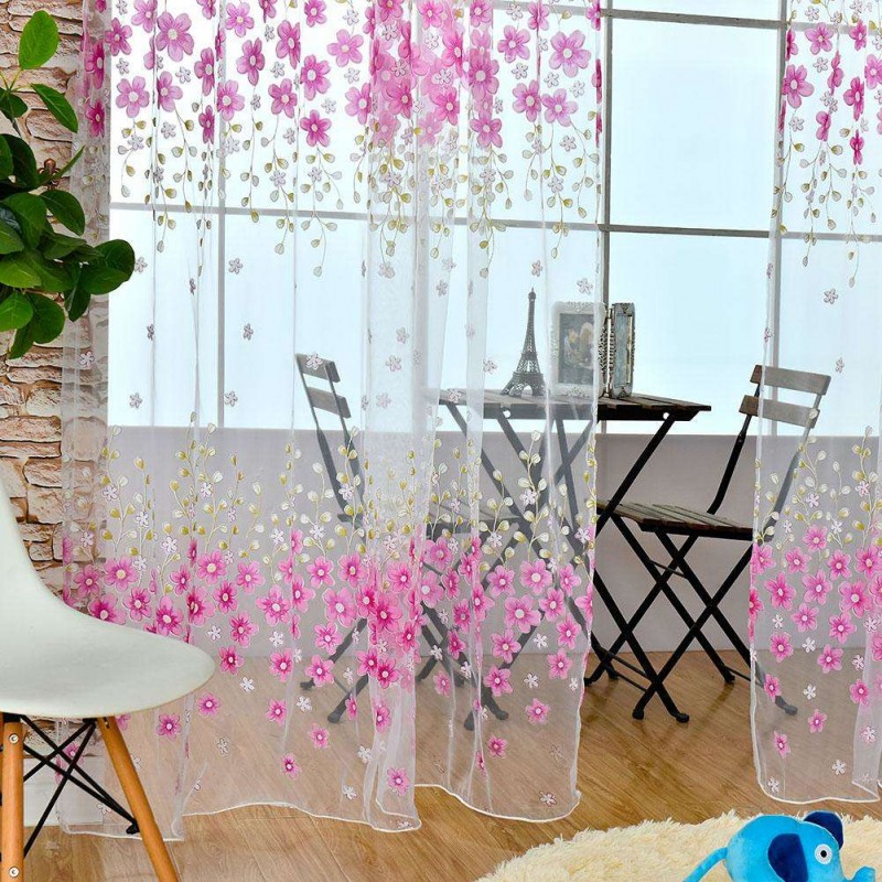 Flower Offset Printing Sheer Curtain Yarn Tulle Window Screen Voile(Pink)