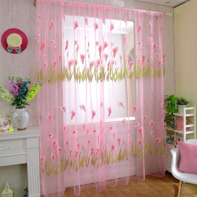 Alo Flower Print Yarn Tulle Sheer Curtain Window Screen Voile Panel(Pink)