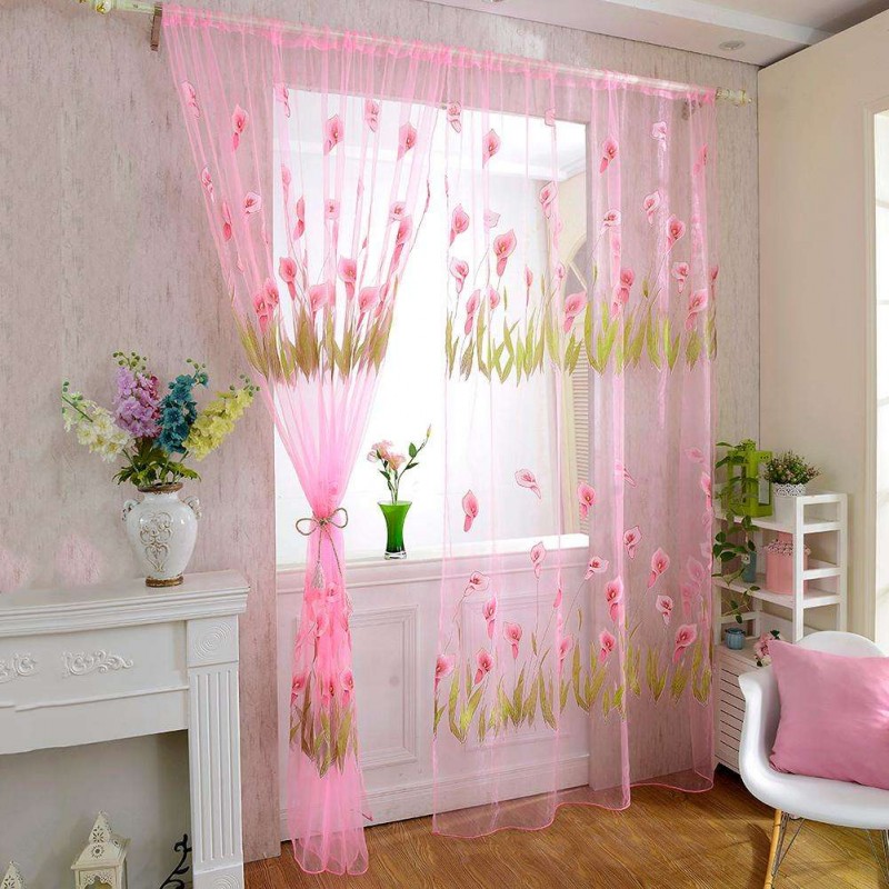 Alo Flower Print Yarn Tulle Sheer Curtain Window Screen Voile Panel(Pink)