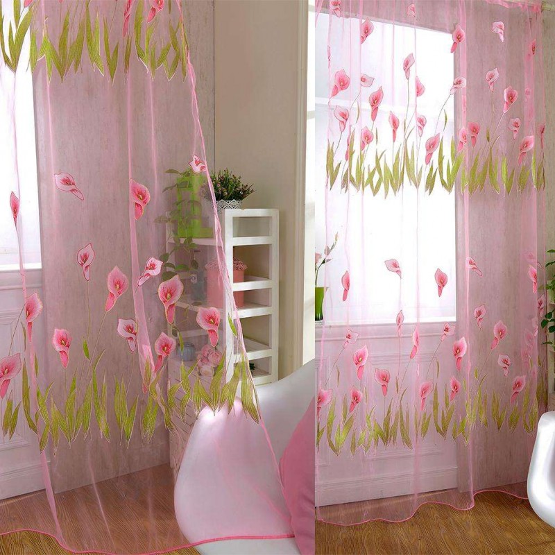 Alo Flower Print Yarn Tulle Sheer Curtain Window Screen Voile Panel(Pink)