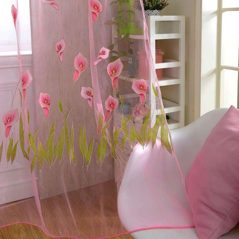 Alo Flower Print Yarn Tulle Sheer Curtain Window Screen Voile Panel(Pink)