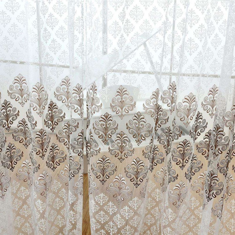 Flower Offset Printing Sheer Yarn Tulle Voile Curtain Window Screen(Coffee)