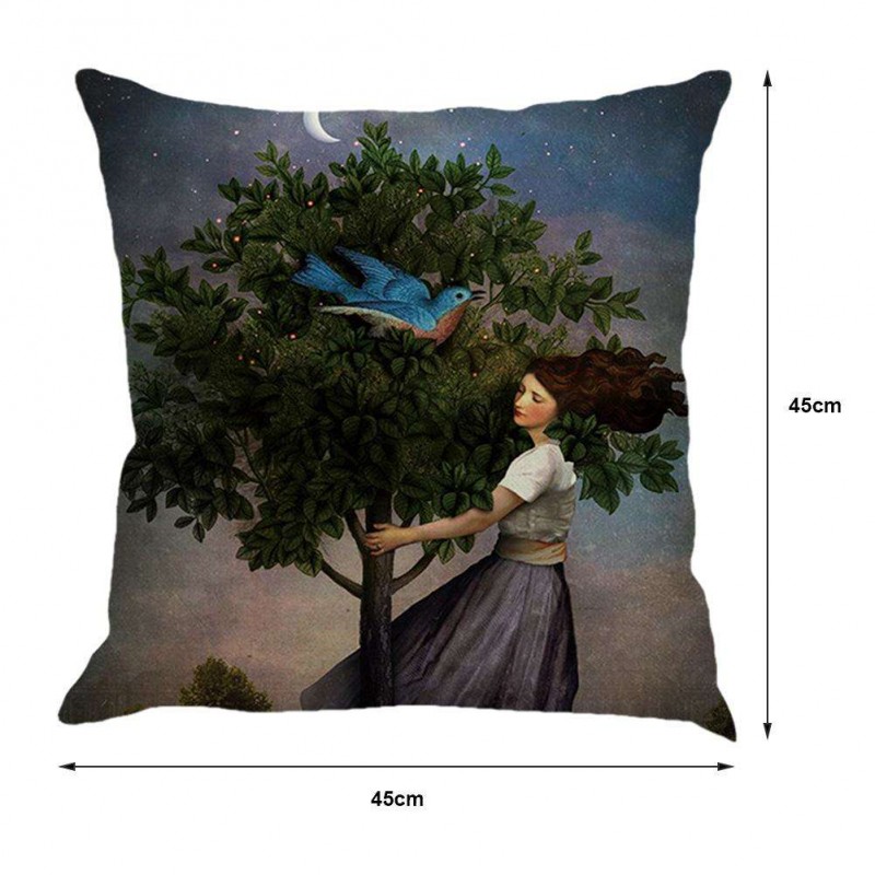 Home Decor Cushion Cover Girl Bird Print Pillowcase Linen Pillow Covers (A)