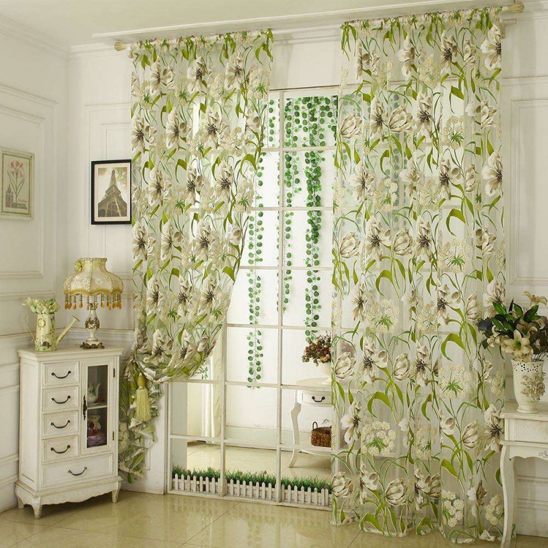 Floral Print Shading Curtain Yarn Window Gauze Bedroom Living Room Purdah