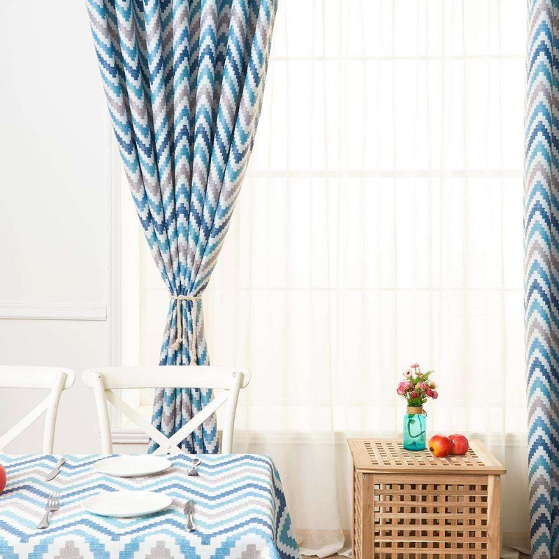 1x2.5m Blackout Window Curtain Wave Print Polyester Shading Curtain (Blue)