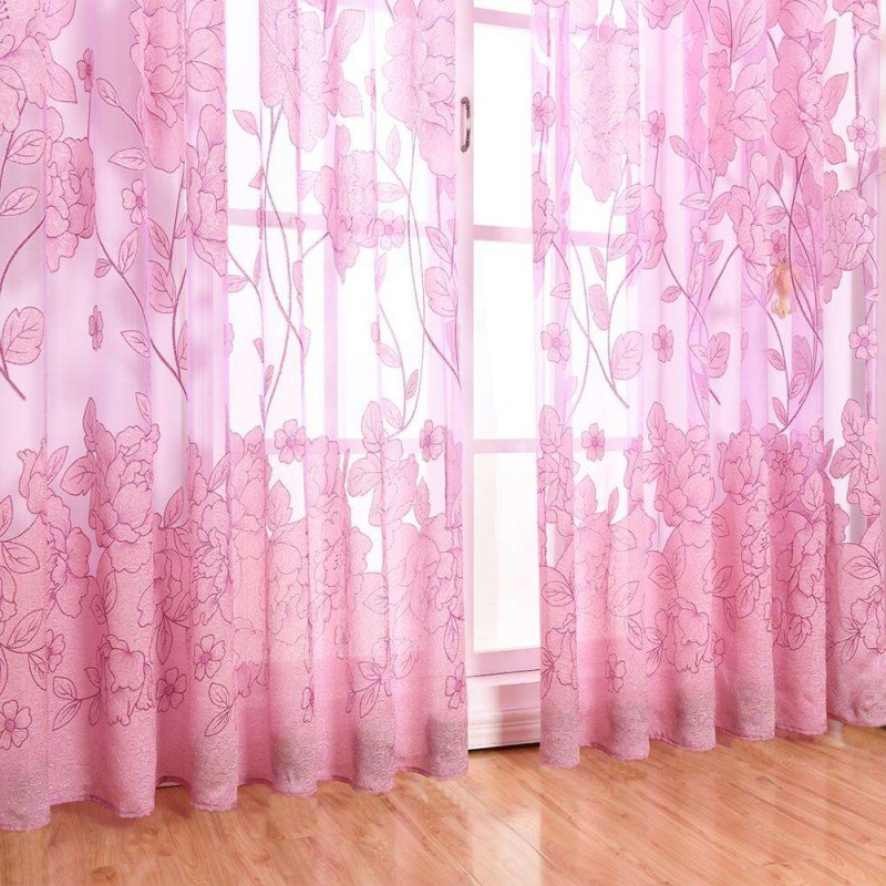 Jacquard Flower Embroidered Curtain Yarn Window Screen Tulle(Light Purple)