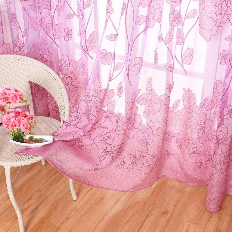 Jacquard Flower Embroidered Curtain Yarn Window Screen Tulle(Light Purple)