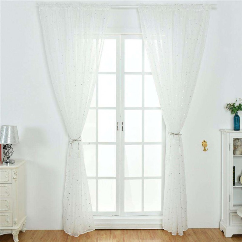 Star Print Tulle Curtains Window Drapes Sheer Purdah for Living Room(White)