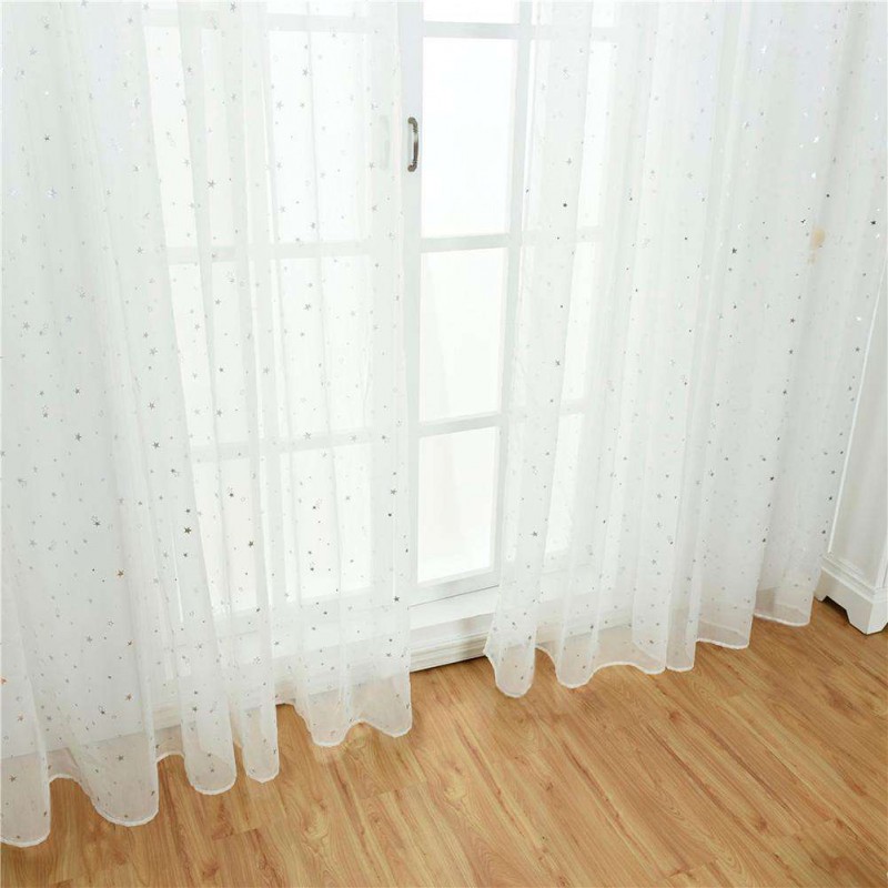 Star Print Tulle Curtains Window Drapes Sheer Purdah for Living Room(White)