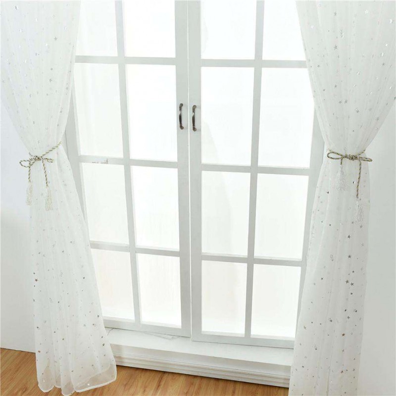 Star Print Tulle Curtains Window Drapes Sheer Purdah for Living Room(White)