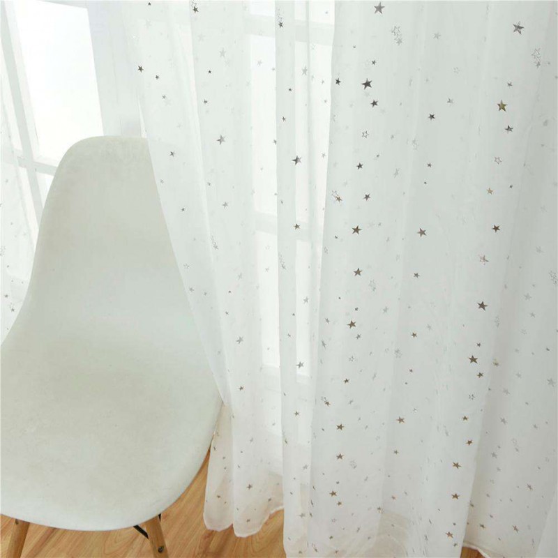 Star Print Tulle Curtains Window Drapes Sheer Purdah for Living Room(White)