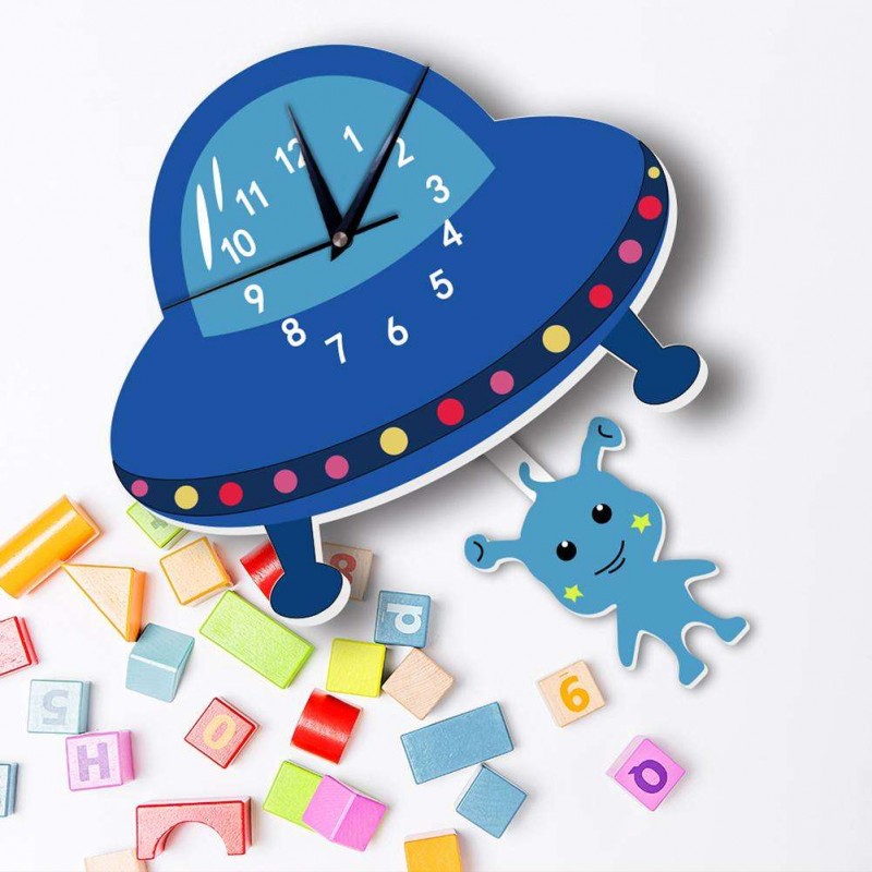 Cute Kids Cartoon Alien Wall Clock Children Room Background Hanging Watches