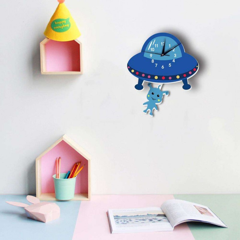 Cute Kids Cartoon Alien Wall Clock Children Room Background Hanging Watches