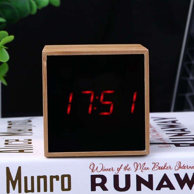 USB Wood LED Sound Control Alarm Clock Thermometer Timer Calendar Display